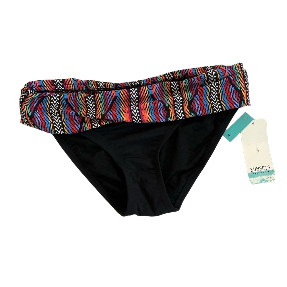 NWT Sunsets California Black Multi Pattern Fold Over High Waist Bikini Bottom M